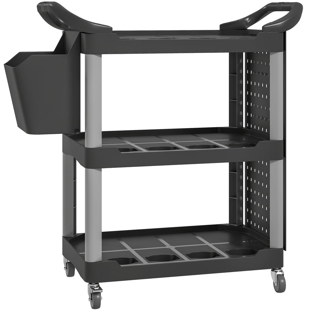3-Tier Rolling Tool Cart, 200 LBS Capacity Plastic Utility Cart with Side Shelf and Bucket, Black and Light Gray