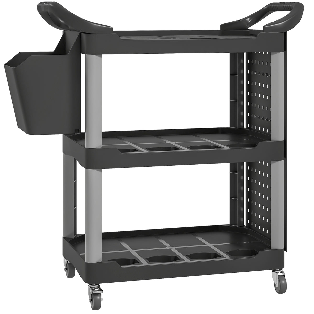 3-Tier Rolling Tool Cart, 200 LBS Capacity Plastic Utility Cart with Side Shelf and Bucket, Black and Light Gray