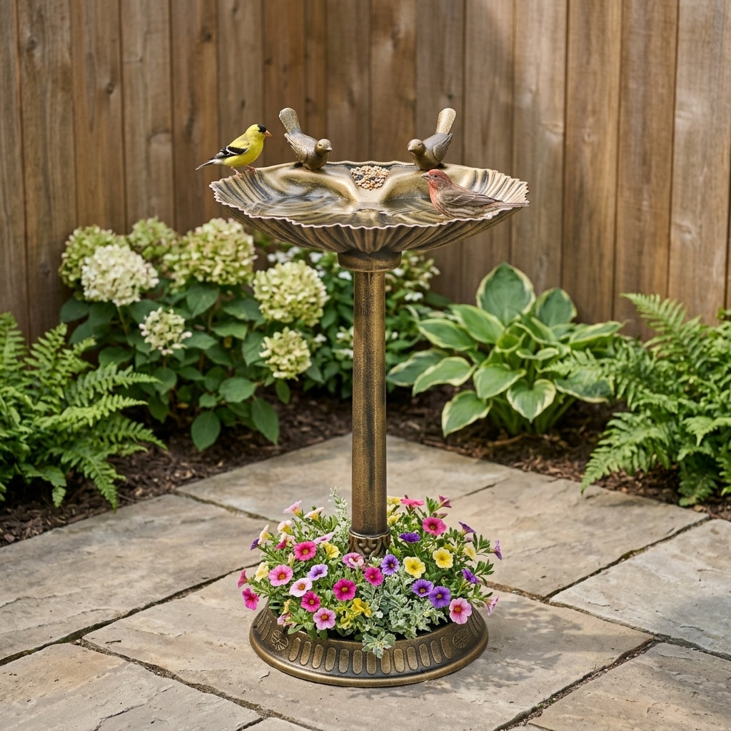 32" Antique Bird Bath Decorative Birdbath Bird Feeder Bowl with Planter Pedestal and Bird Statues, Bronze
