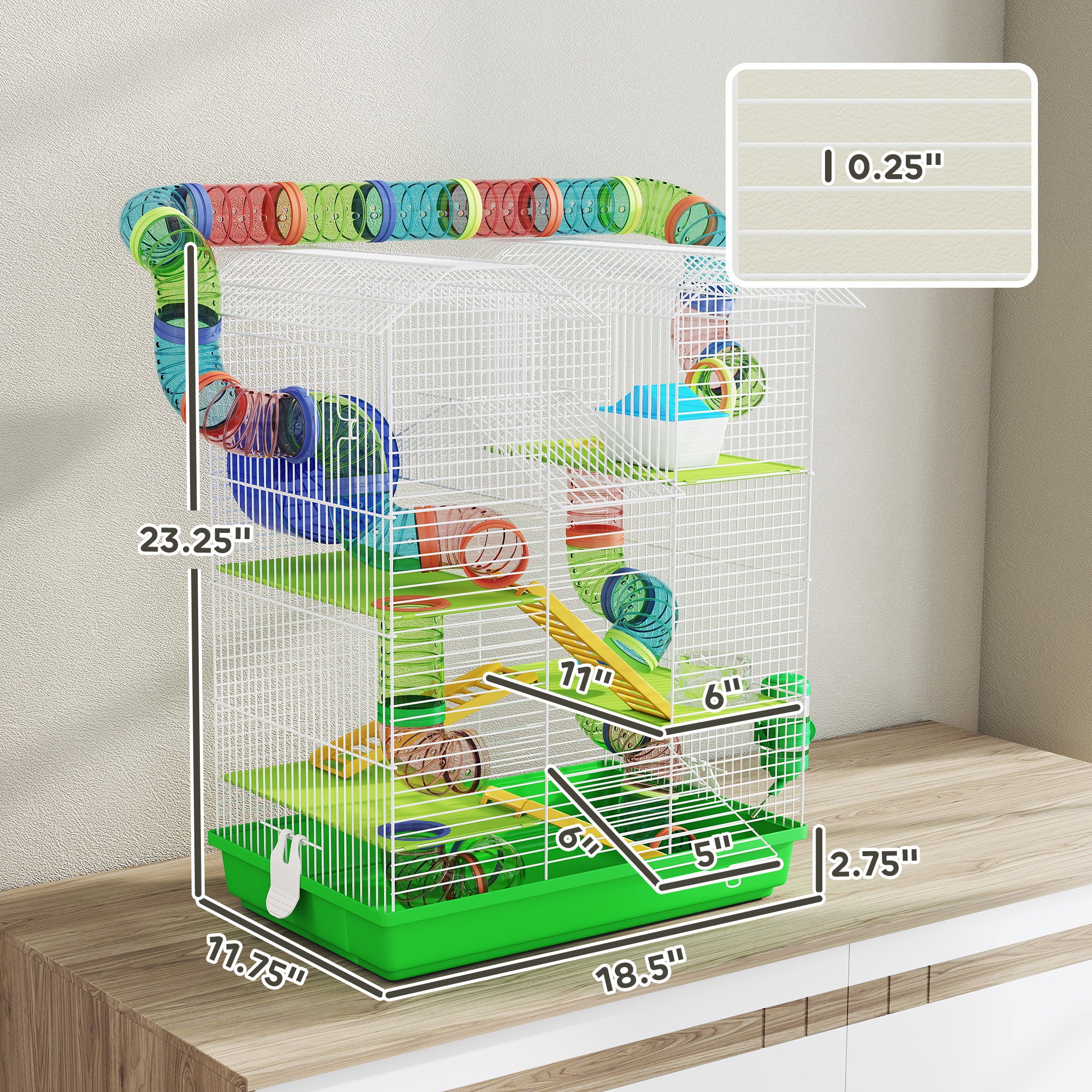 18.5" 5 Tier Hamster Cage with Tubes and Tunnels, Small Animal Cage, Rat Gerbil Cage with Water Bottle, Food Dish, Exercise Wheel, Green