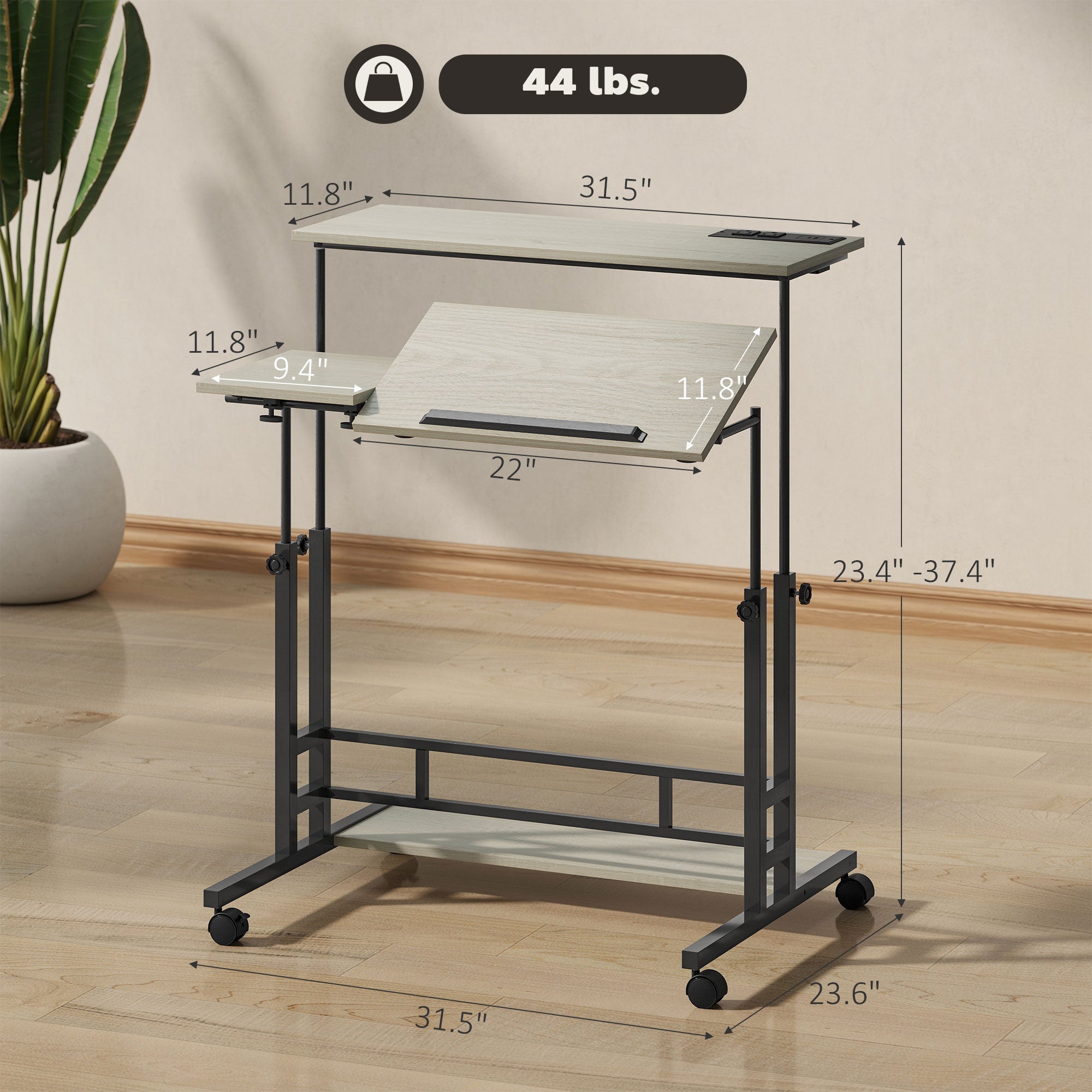 Adjustable Standing Desk with Power Outlets, Stand Up Desk with Tiltable Tabletop, Wheels, Shelf, for Home Office, Oak