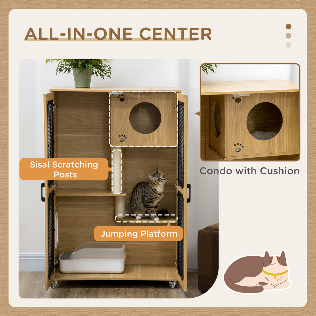 Luxury Cat House with Wheels, Kitty Cage Catio Villa for Indoor Cats with Scratching Posts, Condo, Flap Door, Cushion, Oak, 31.5" x 20" x 48.5"