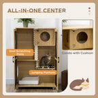 Luxury Cat House with Wheels, Kitty Cage Catio Villa for Indoor Cats with Scratching Posts, Condo, Flap Door, Cushion, Oak, 31.5" x 20" x 48.5"