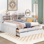 Classic Style Full Size Wooden Captain Bed with Built-in Bookshelves, 3 Storage Drawers, and Trundle, 79" L x 104.5" W x 47" H, White