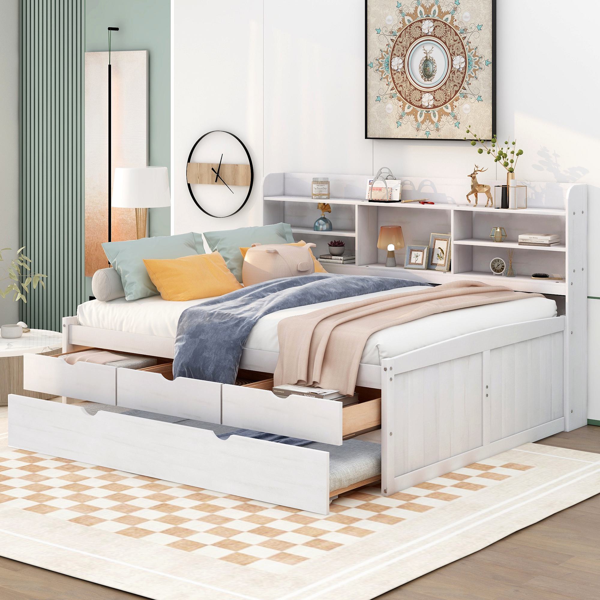 Classic Style Full Size Wooden Captain Bed with Built-in Bookshelves, 3 Storage Drawers, and Trundle, 79" L x 104.5" W x 47" H, White