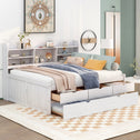 Classic Style Full Size Wooden Captain Bed with Built-in Bookshelves, 3 Storage Drawers, and Trundle, 79" L x 104.5" W x 47" H, White