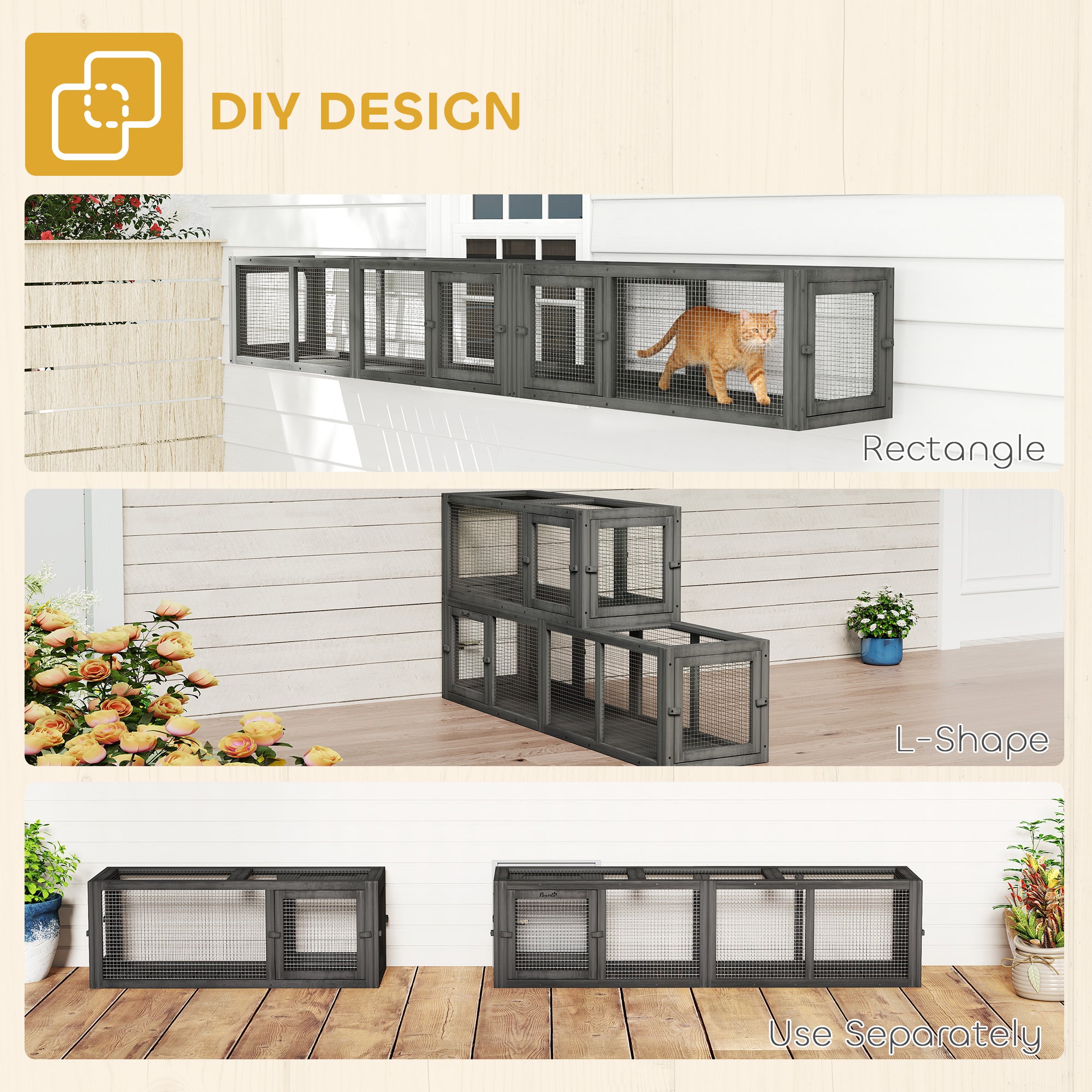 Wooden 98" Cat Tunnel for Outdoor with Combinable Design, 8 Doors, Dark Gray