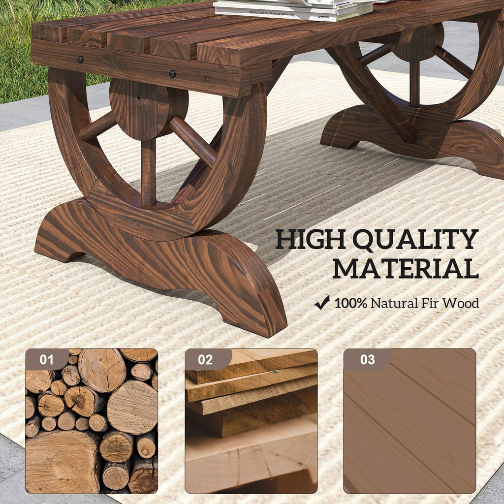 2-Person Wooden Garden Bench, Outdoor Wagon Wheel Porch Bench for Backyard Garden, Support 550 LBS, Rustic Country Style Patio Furniture, Brown