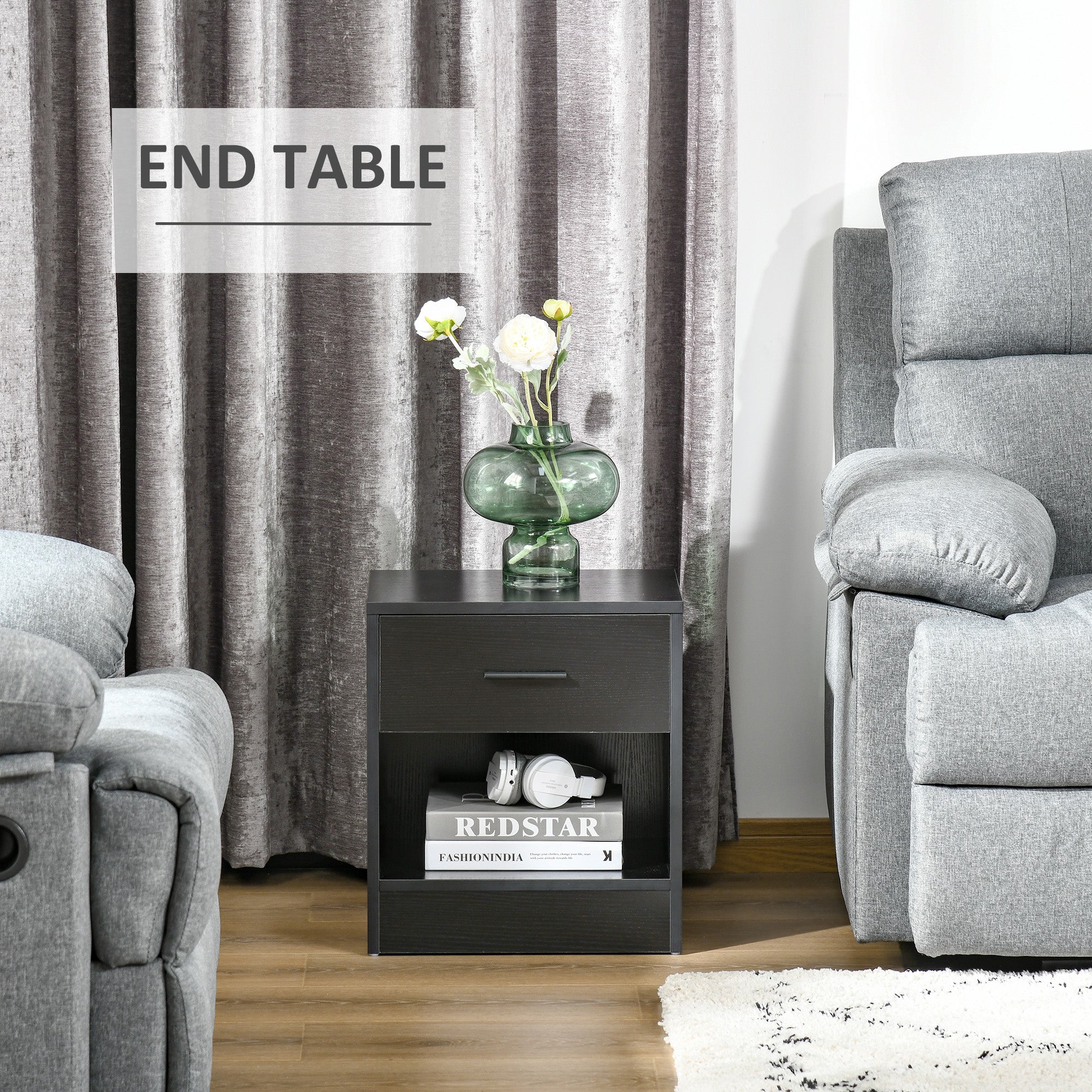 Side Table with Drawer and Storage Shelf, End Table with Storage, Set of 2, Black Wood Grain