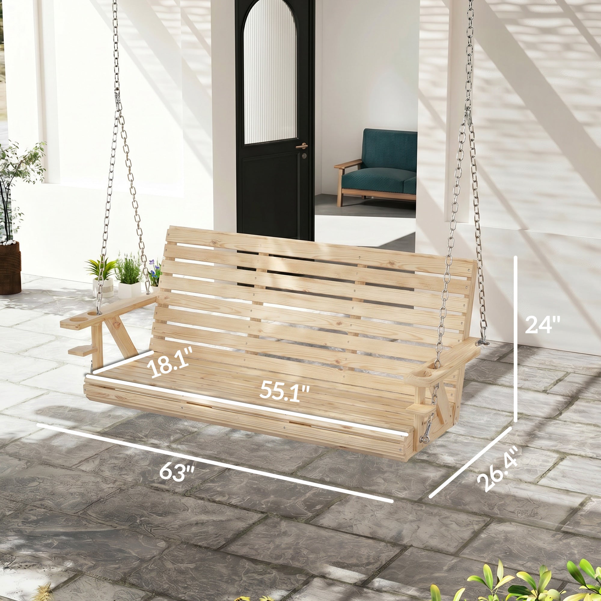 3-Seater Swing Bench, Wooden Porch Swing with Cupholders, Hanging Chains for Patio Garden, Nature Wood
