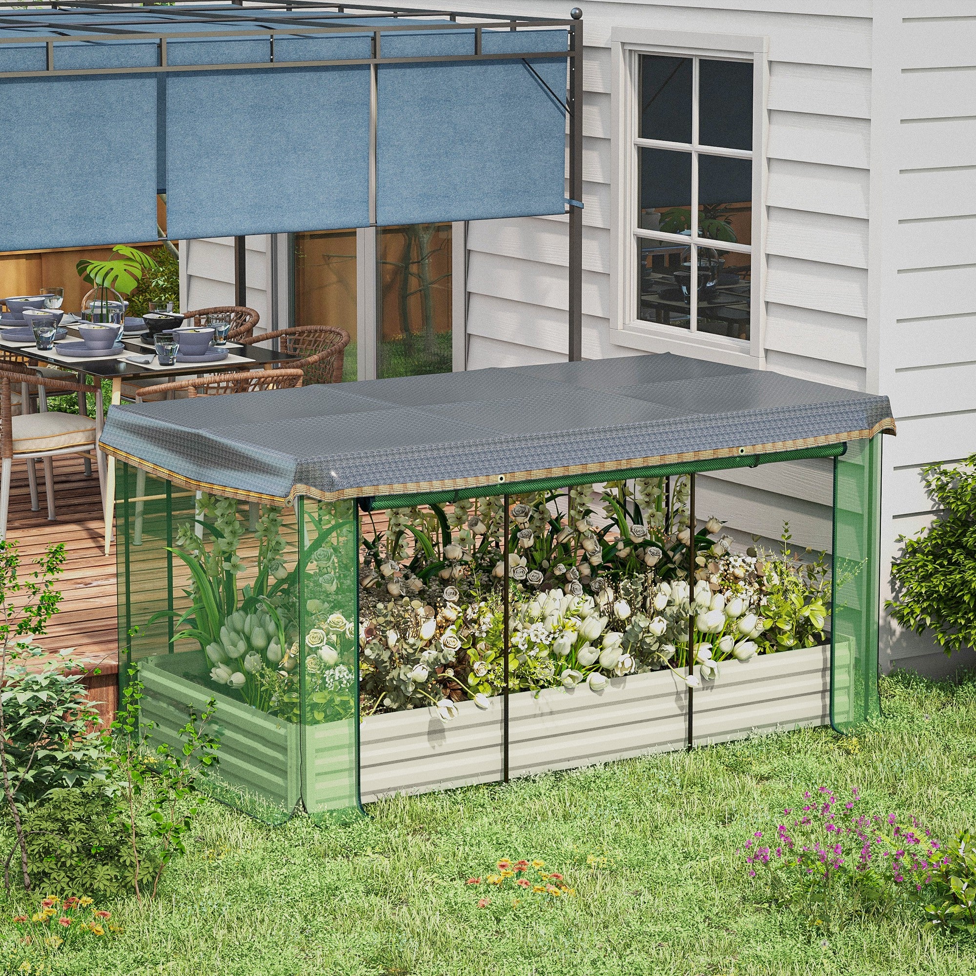 Galvanized Steel Planter Box with Crop Cage and Shade Cloth, Raised Garden Bed for Flowers, Veggies and Herbs, Beige