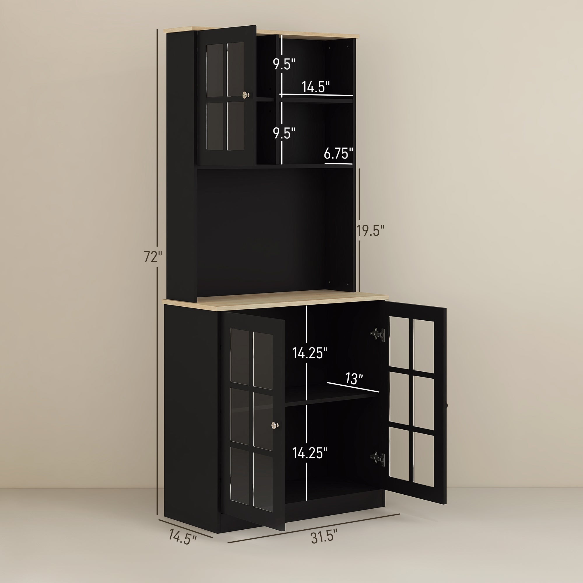 72" Kitchen Pantry Storage Cabinet with Hutch, Large Countertop, Glass Doors and Adjustable Shelves, Black