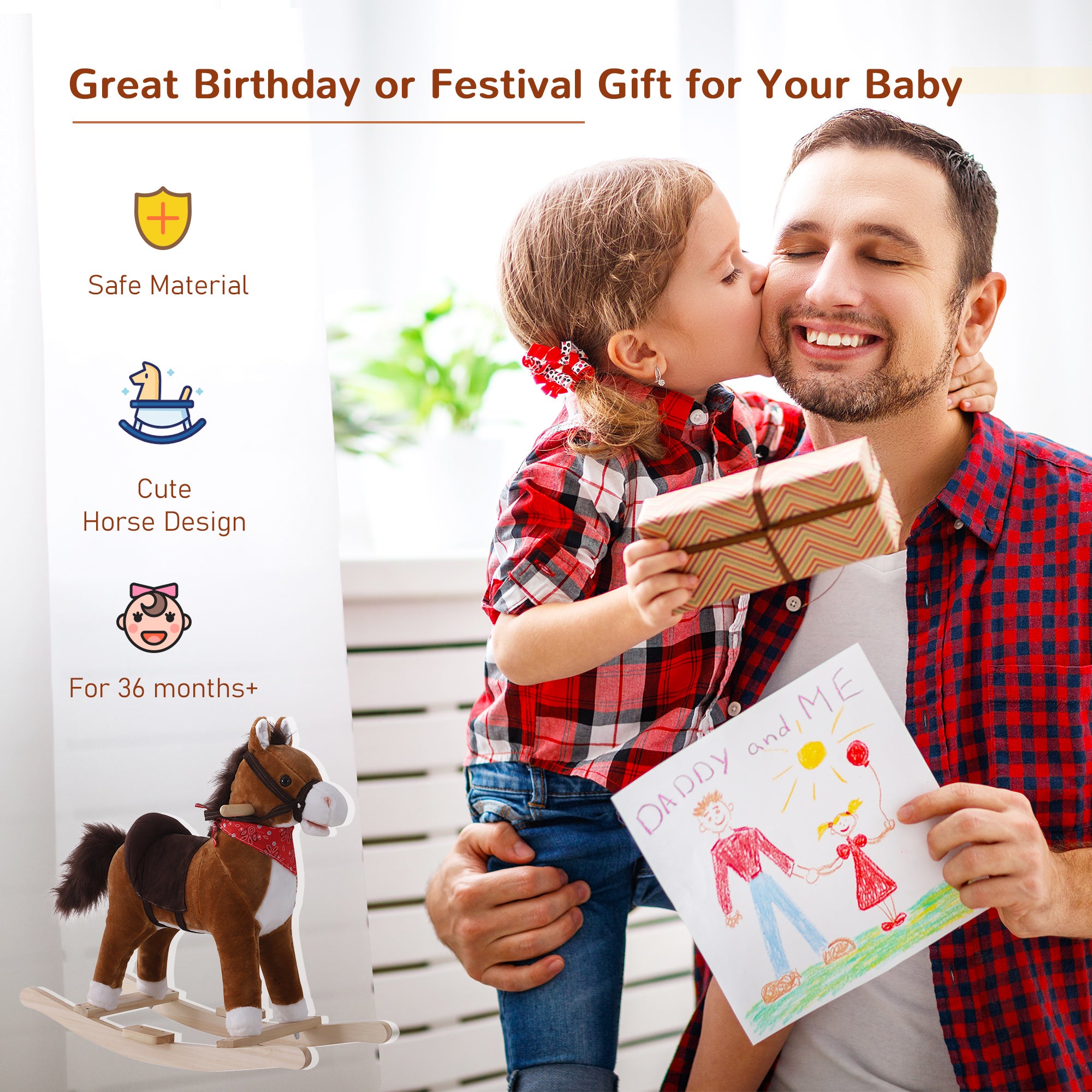 Kids Ride on Rocking Horse Plush Toy with Realistic Sounds and Red Scarf for Over 3 Years Old Birth Gift