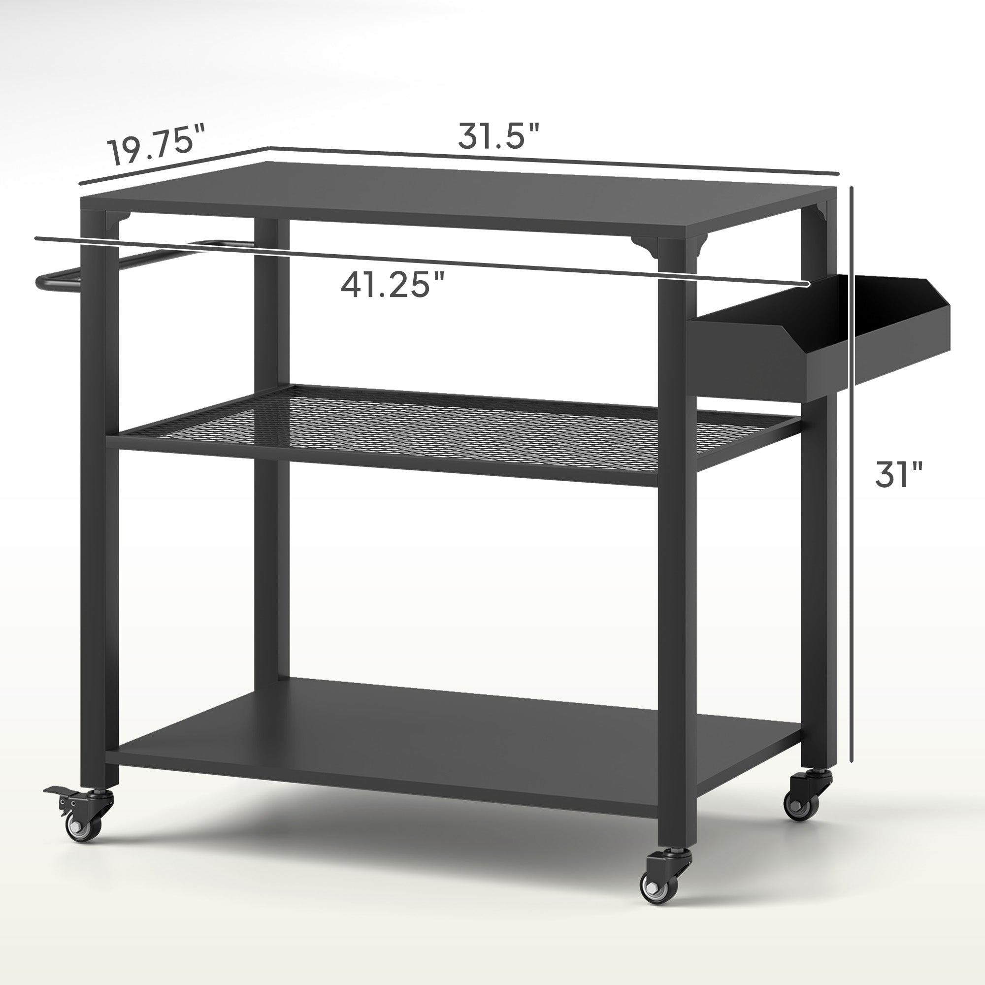 3-Tier Outdoor Grill Cart with Storage Racks, Side Handle, Movable Pizza Oven Table on Wheels