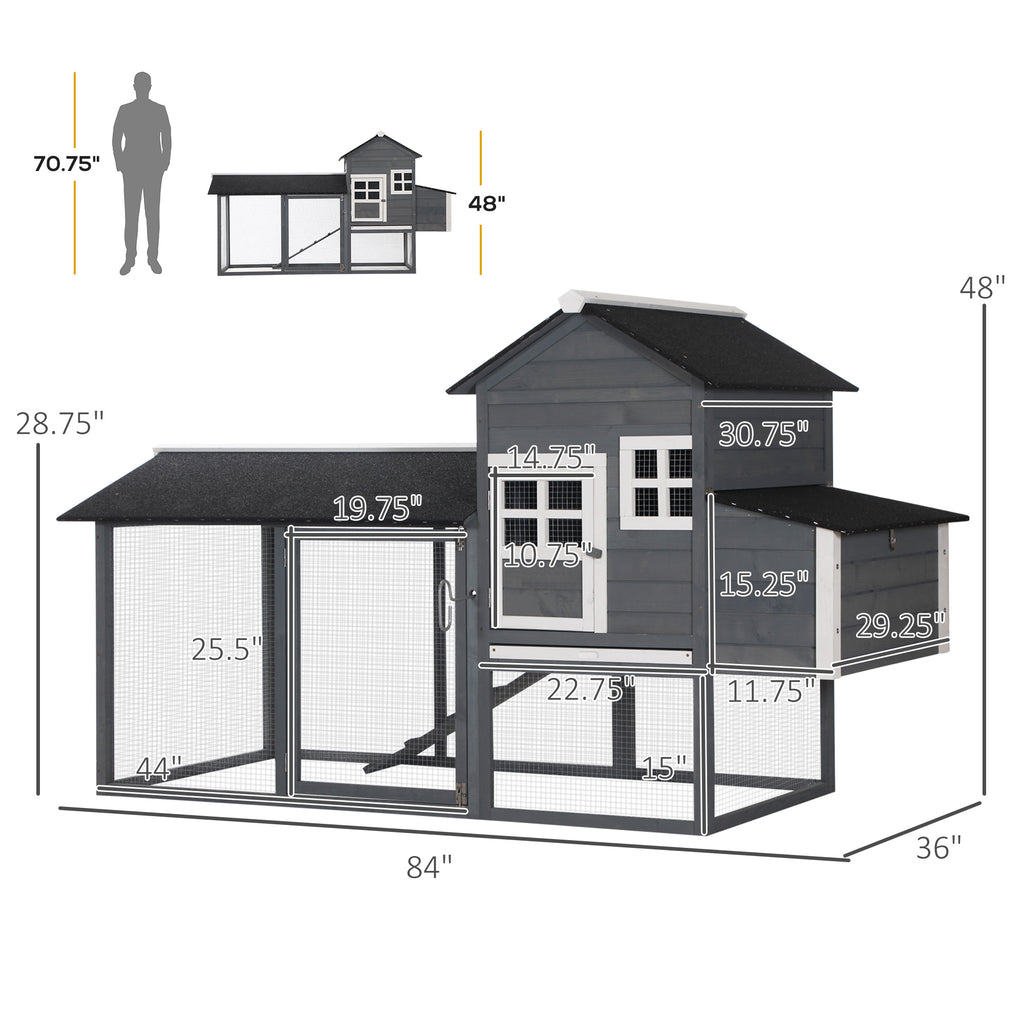 84" Wooden Chicken Coop, Hen House Outdoor with Run Nesting Box, Asphalt Roof, Removable Tray, Ramp, Poultry Cage for 2-3 Chickens, Gray