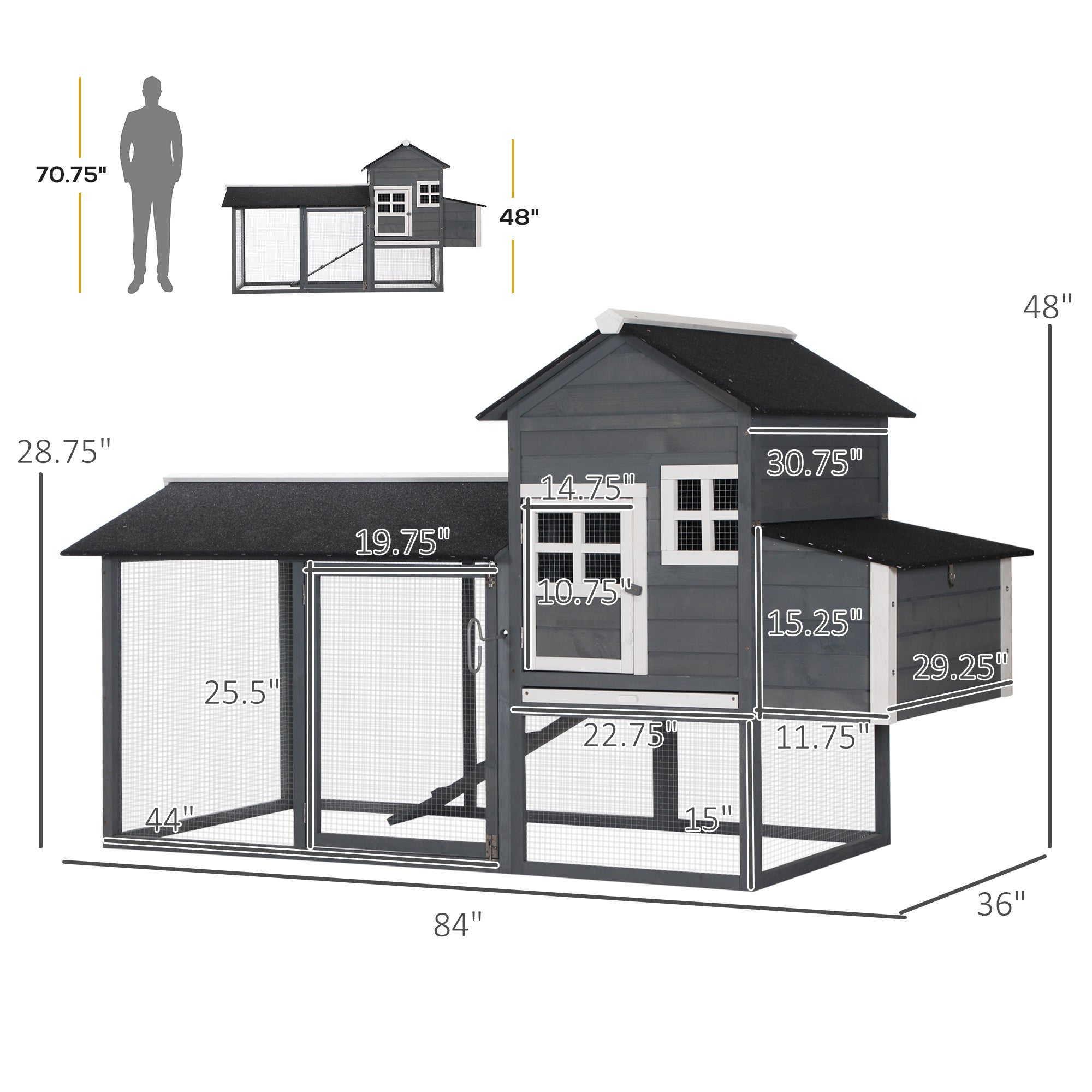 84" Wooden Chicken Coop, Hen House Outdoor with Run Nesting Box, Asphalt Roof, Removable Tray, Ramp, Poultry Cage for 2-3 Chickens, Gray