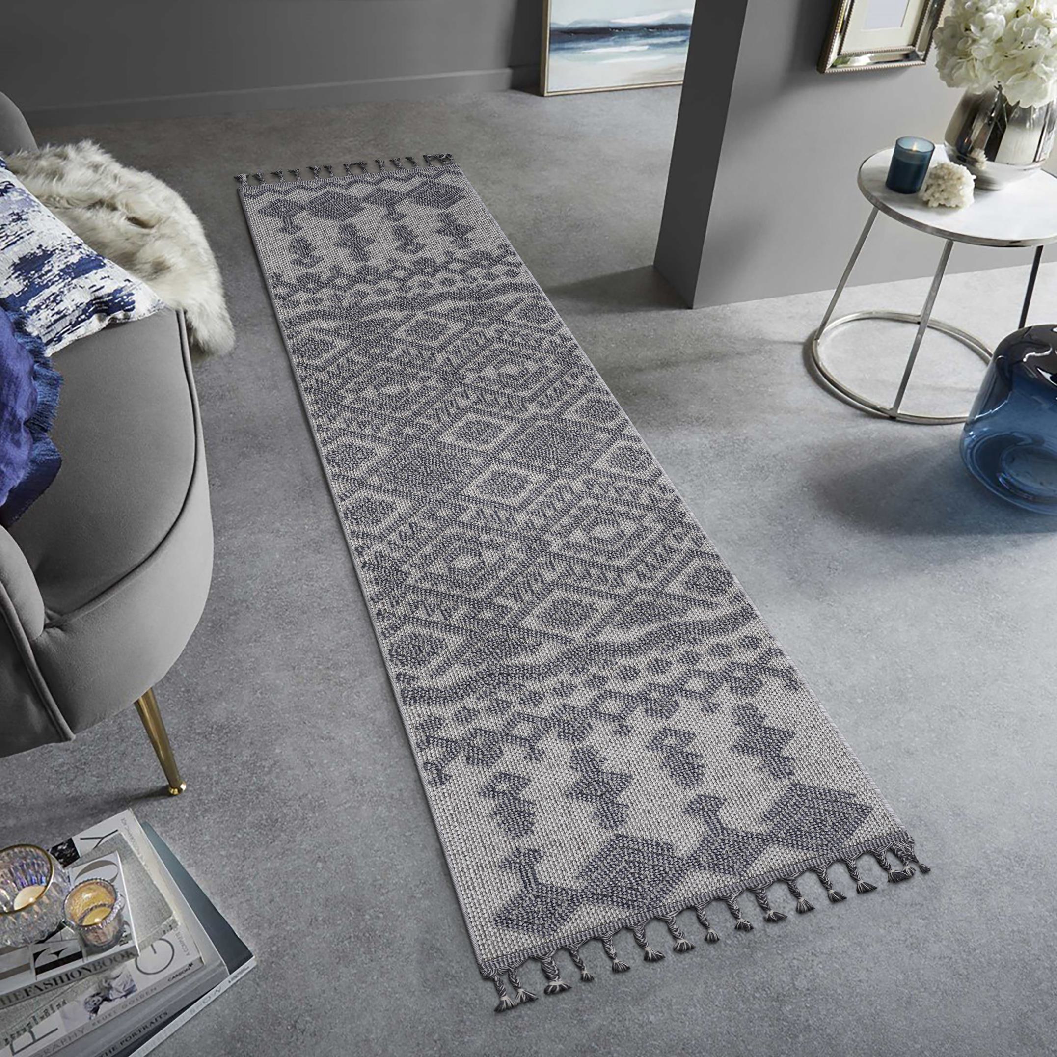 2x8 Indoor Outdoor Stain Resistant Area Rug with Easy Maintenance, Kid and Pet-Friendly Carpet, 96" L x 26" W x 0.3" H, White+Gray