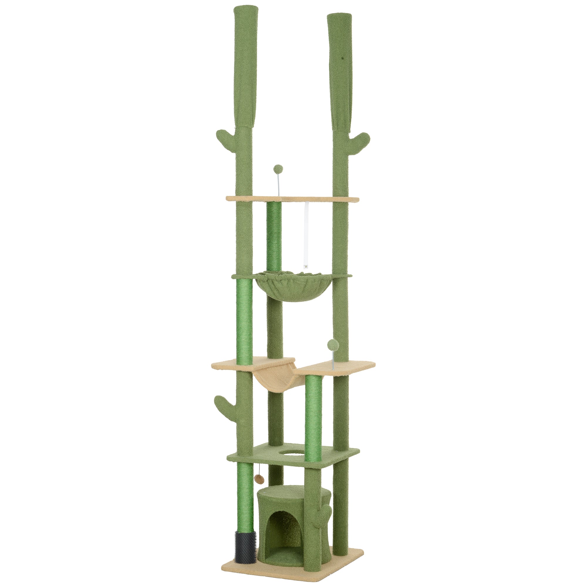 89"-100" Floor to Ceiling Cat Tree, Cat Climbing Tower with Grooming Brush Post, Cat Condo, Hammock, Green