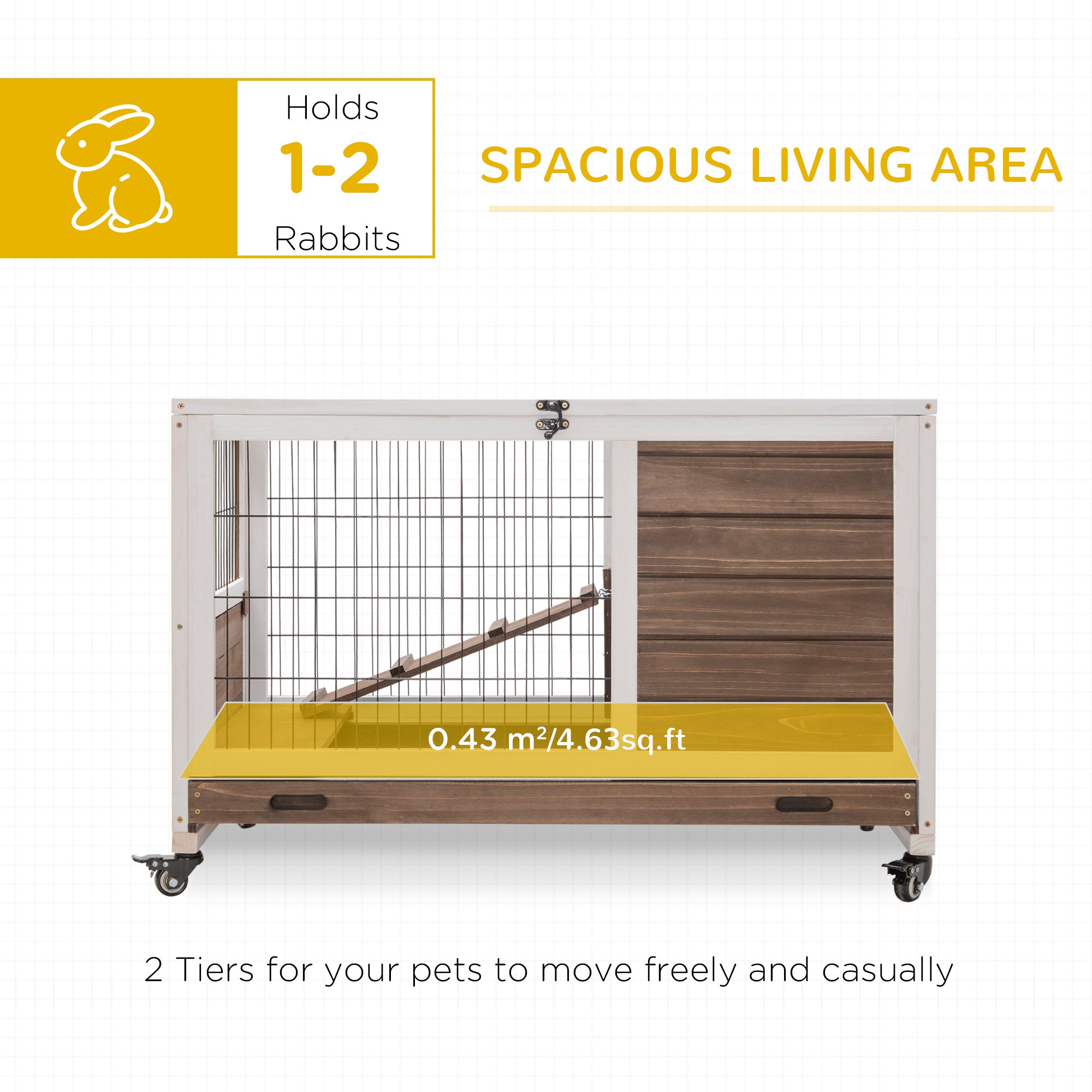 Indoor Rabbit Enclosure, on Wheels, Indoor Bunny Cage Small Animal House with Pull Out Tray Casters Ramp, 35.5" x 21" x 23", Brown