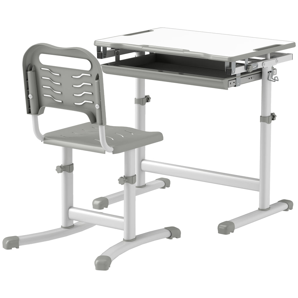 Height Adjustable Kids Desk and Chairs Set with Tilt Desktop, Storage Drawer, Pen Slot, Hook, Gray