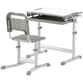 Height Adjustable Kids Desk and Chairs Set with Tilt Desktop, Storage Drawer, Pen Slot, Hook, Gray