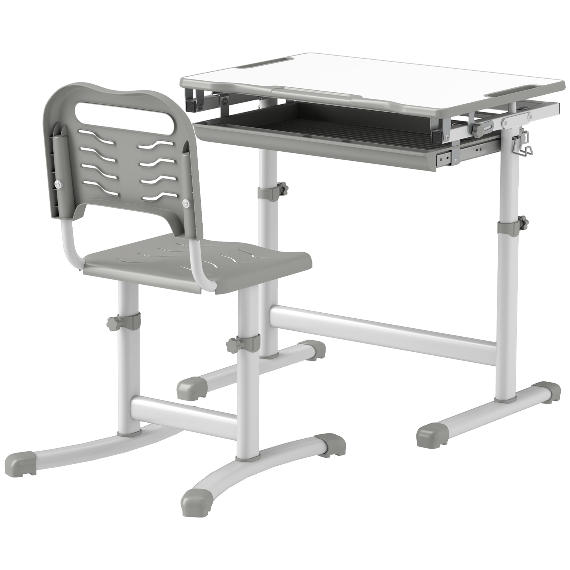 Height Adjustable Kids Desk and Chairs Set with Tilt Desktop, Storage Drawer, Pen Slot, Hook, Gray