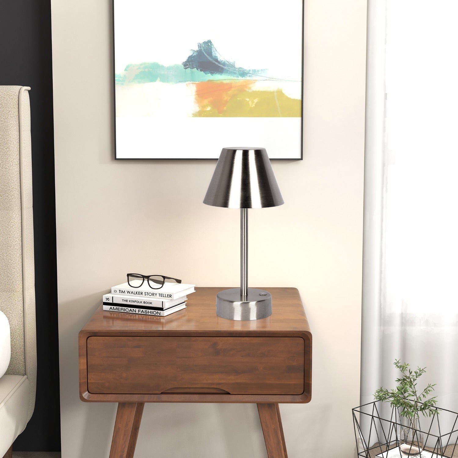 Elegance Rechargeable LED Table Lamp with Touch Switch, Brushed Nickel Finish, Metal Construction, 5" L x 5" W x 10.5" H, Brushed Nickel+Silver