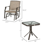 3 Piece Outdoor Glider Chair with Coffee Table Bistro Set, 2 Patio Rocking Swing Chairs with Breathable Sling Fabric, Glass Tabletop, for Backyard, Garden and Porch, Mixed Brown
