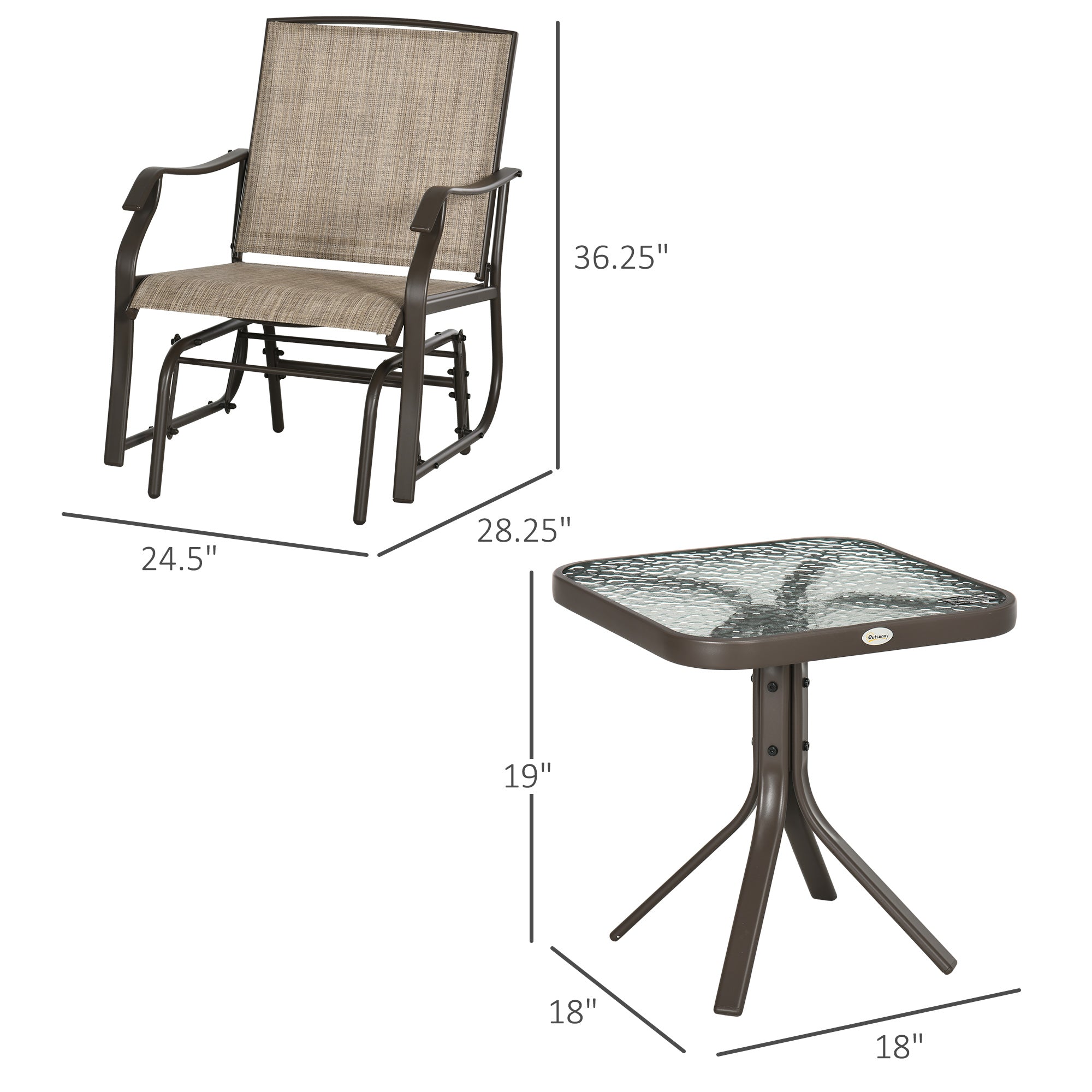 3 Piece Outdoor Glider Chair with Coffee Table Bistro Set, 2 Patio Rocking Swing Chairs with Breathable Sling Fabric, Glass Tabletop, for Backyard, Garden and Porch, Mixed Brown