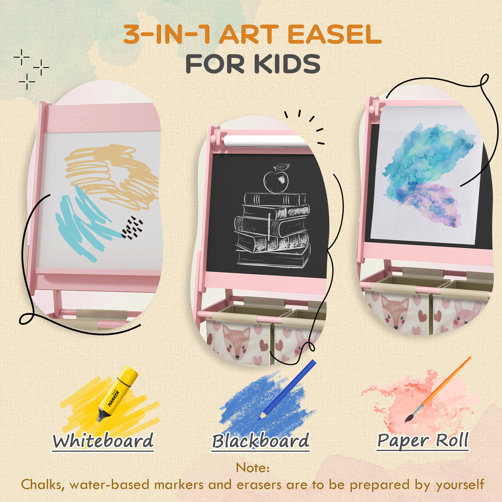 Toy Box with Lid and Kids Easel with Paper Roll, Blackboard, Whiteboard, Cute Fox Design, for Ages 3-8 Years, Pink