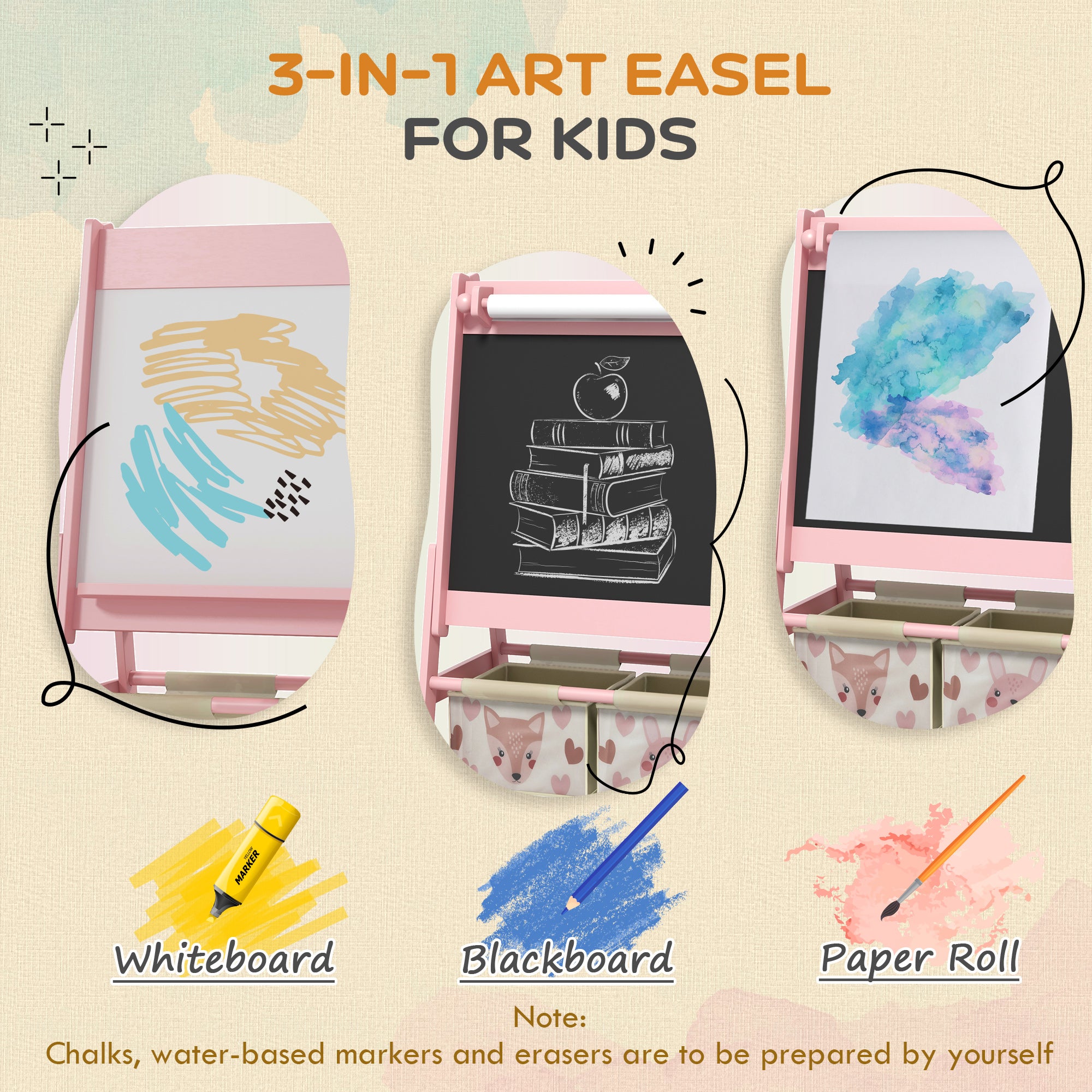 Toy Box with Lid and Kids Easel with Paper Roll, Blackboard, Whiteboard, Cute Fox Design, for Ages 3-8 Years, Pink