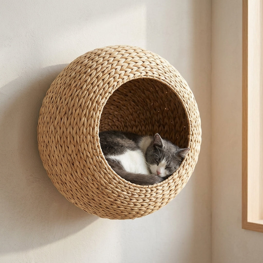 Wall Mounted Cat Condo with Washable Cushion, Natural Wood