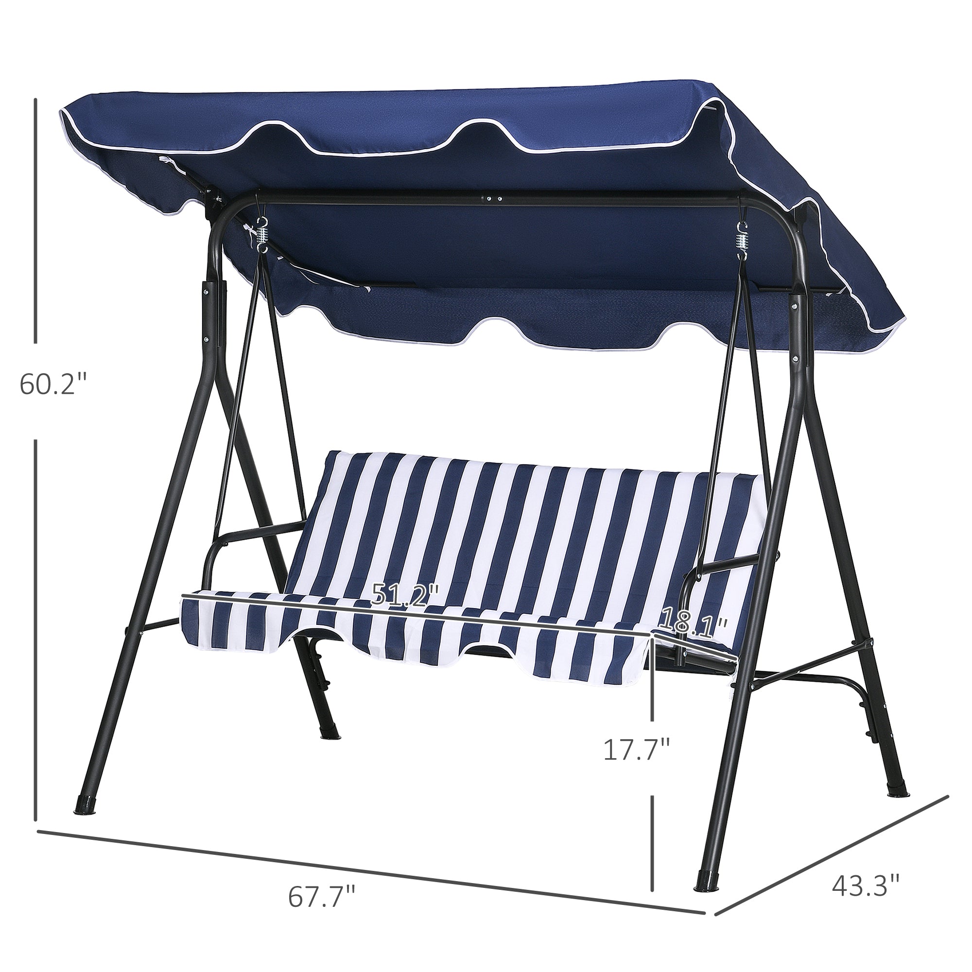 3-Seat Outdoor Patio Swing Chair with Cushion, Steel Frame Stand, Adjustable Tilt Canopy for Patio, Garden, Dark Blue