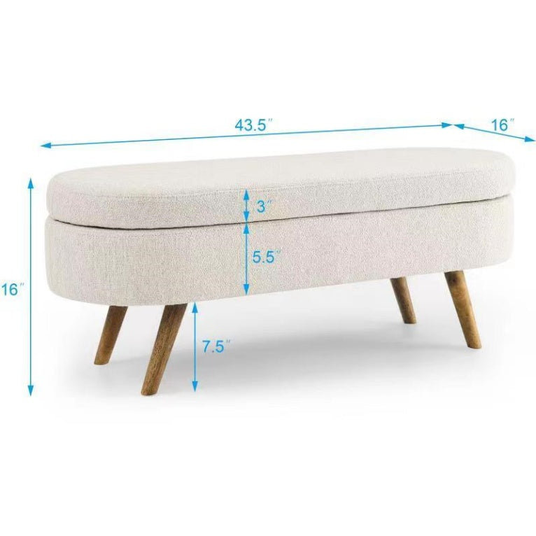 Oval Storage Ottoman Bench with Pleated Linen Fabric, Hidden Storage Footstool with Handmade Rubberwood Legs, 43.5" L x 16" W x 16" H, Beige