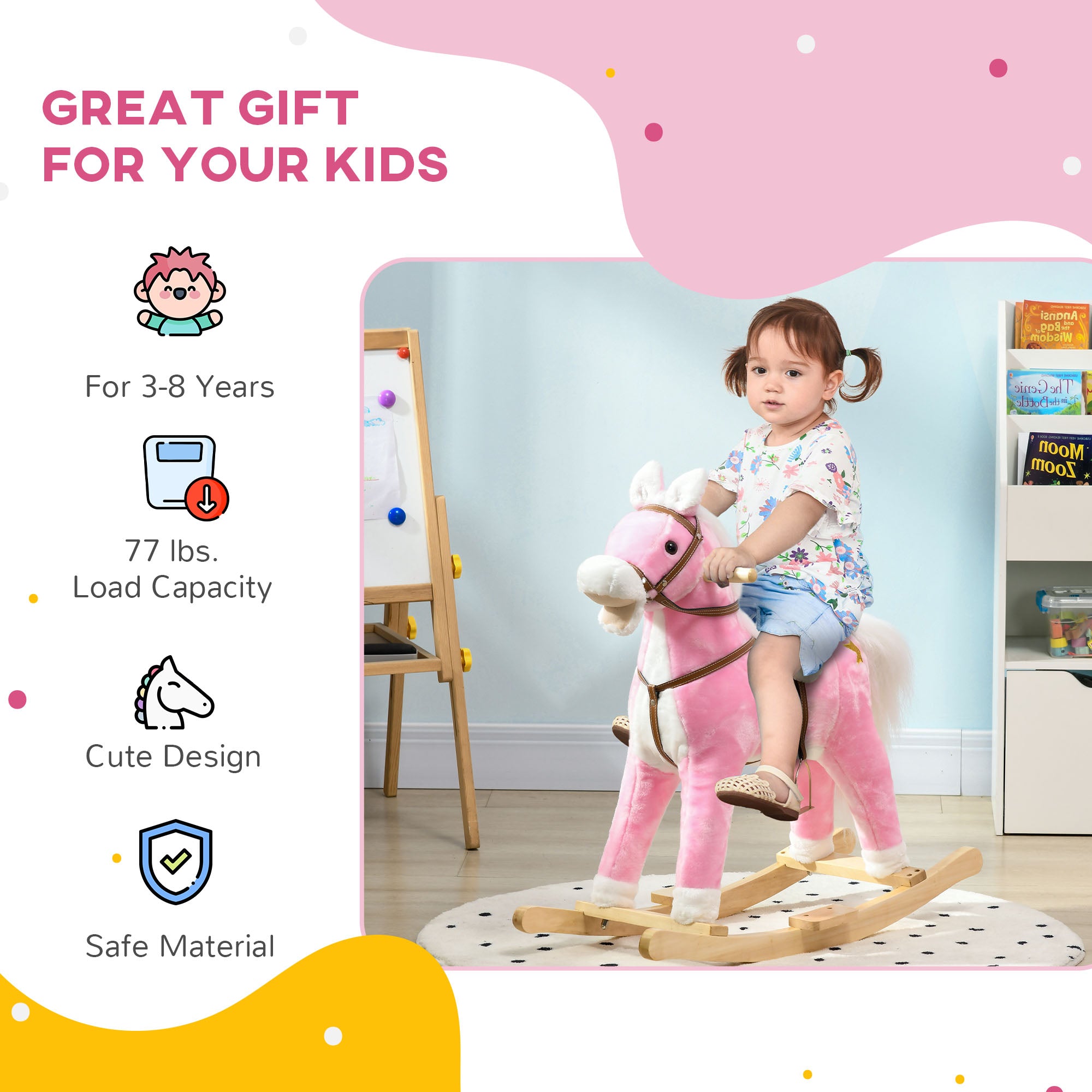 Rocking Horse Toddler Ride On Horse with Sound Saddle, Pink