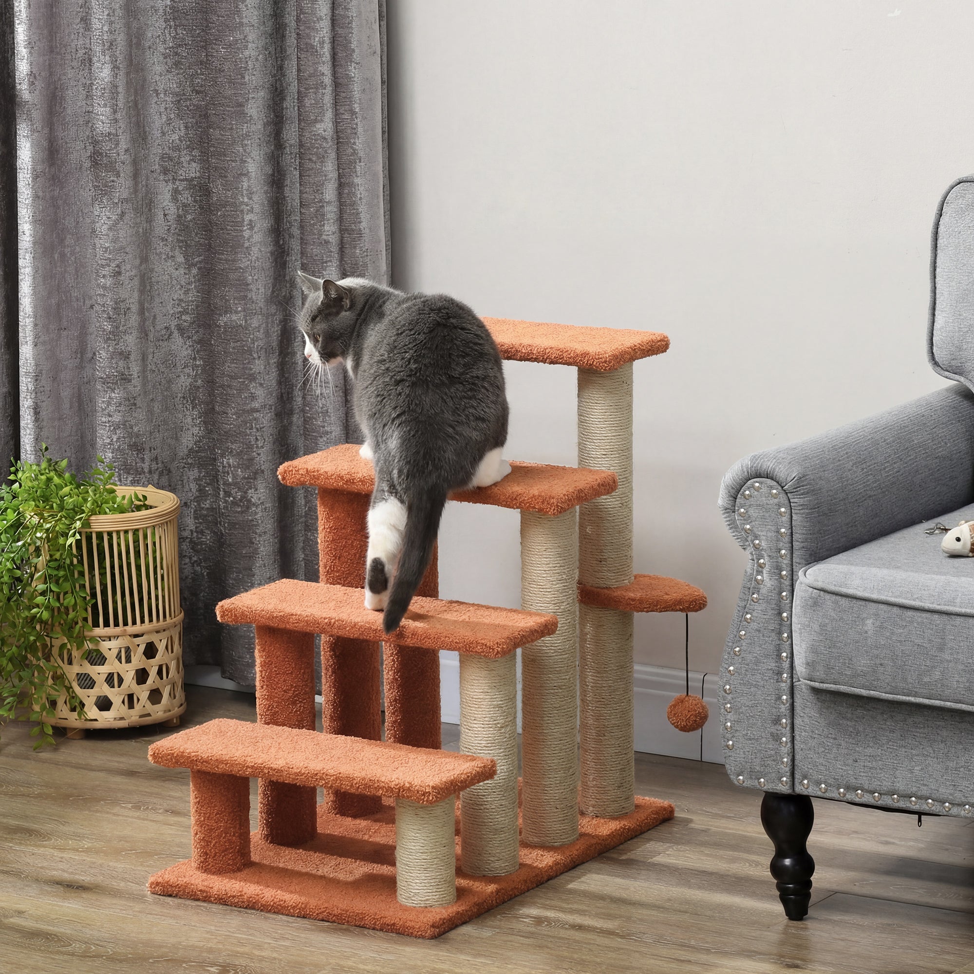 4 Levels Cat Steps with Scratching Posts for High Bed, Sofa, Brown