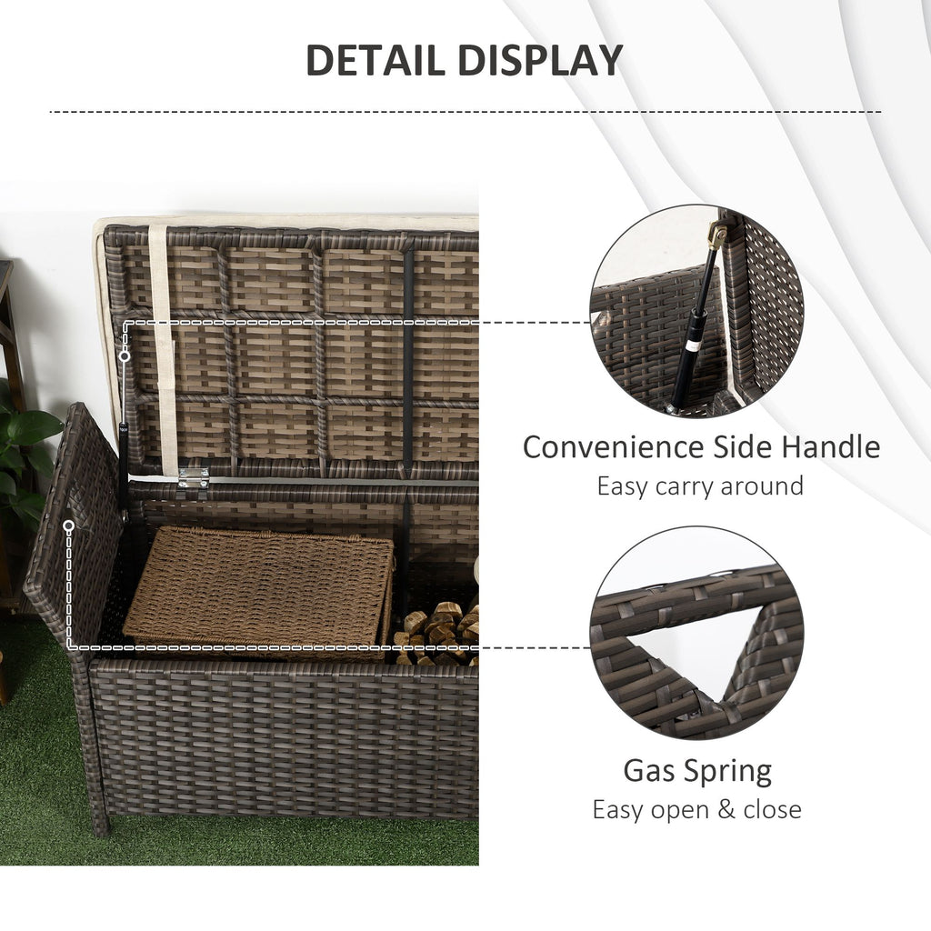 29 Gallon Patio Wicker Storage Bench, Outdoor PE Rattan Furniture, 2-In-1 Large Capacity Rectangle Garden Storage Box with Handles and Cushion, Red