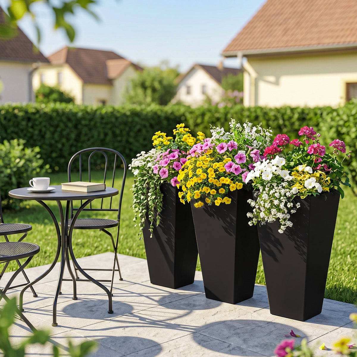 Tall Planters for Outdoor Plants Set of 3, 28 In Taper Planters with Drainage Holes, Indoor Grande Plant Pots, Front Porch Decor, Black
