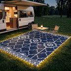 Reversible Outdoor Rug Carpet with LED Lights, 12' x 9' PP Straw Rug with Carry Bag and Ground Stakes