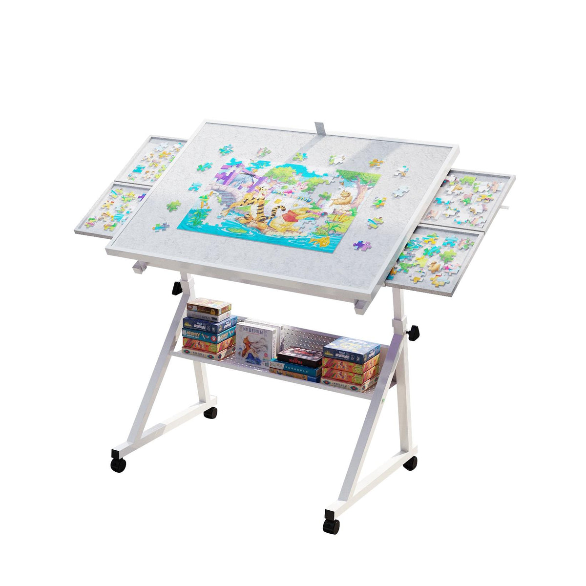 1500-Piece Jigsaw Puzzle Table with 4 Felt Storage Trays, Locking Casters, Drawing Desk with Wooden Cover, 35.5" L x 23.5" W x 29.5" H, White