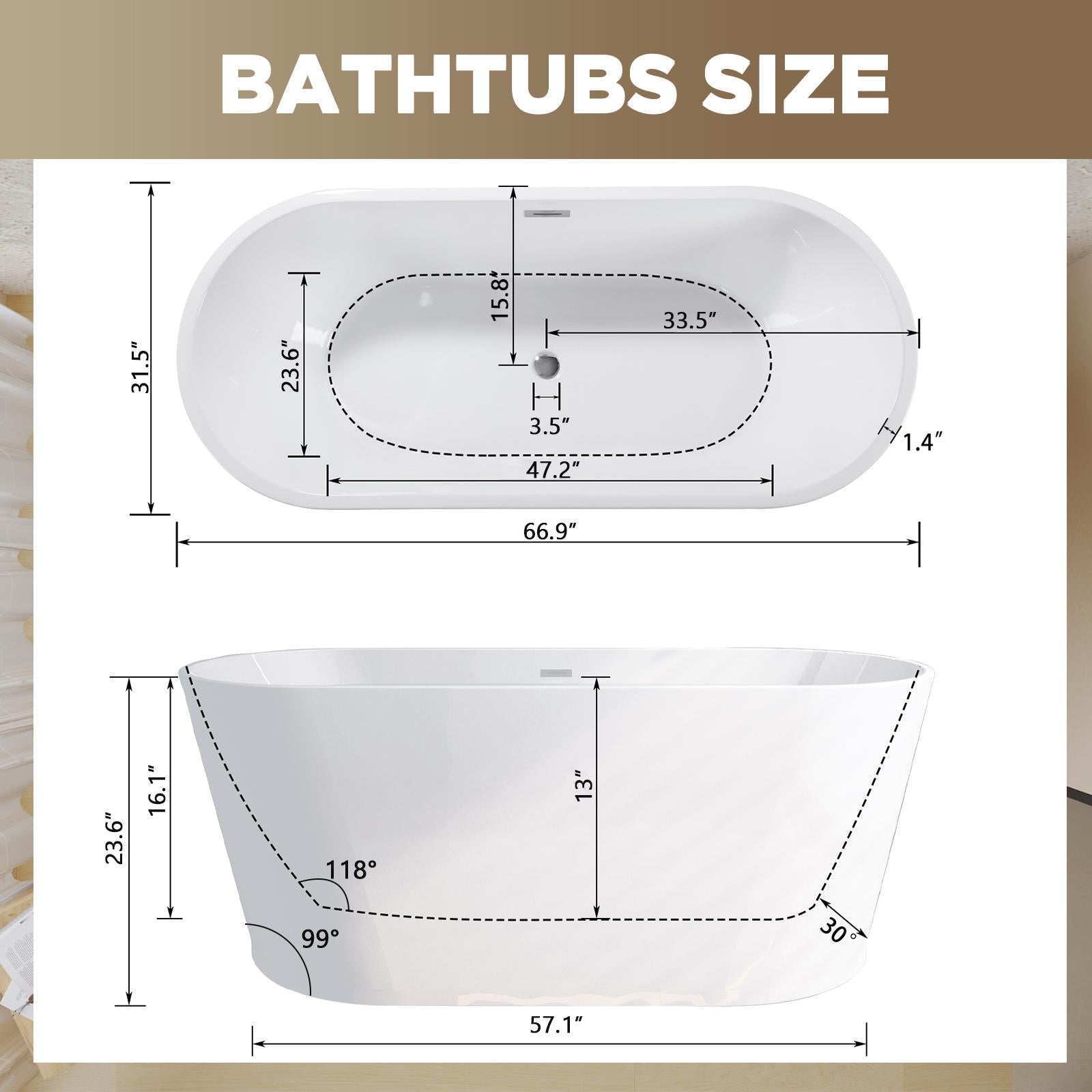 67" Acrylic Freestanding Bathtub with Double-Wall Insulation for Heat Retention, Tub with High-Gloss Surface, 67" L x 31.5" W x 23.5" H, Gloss White