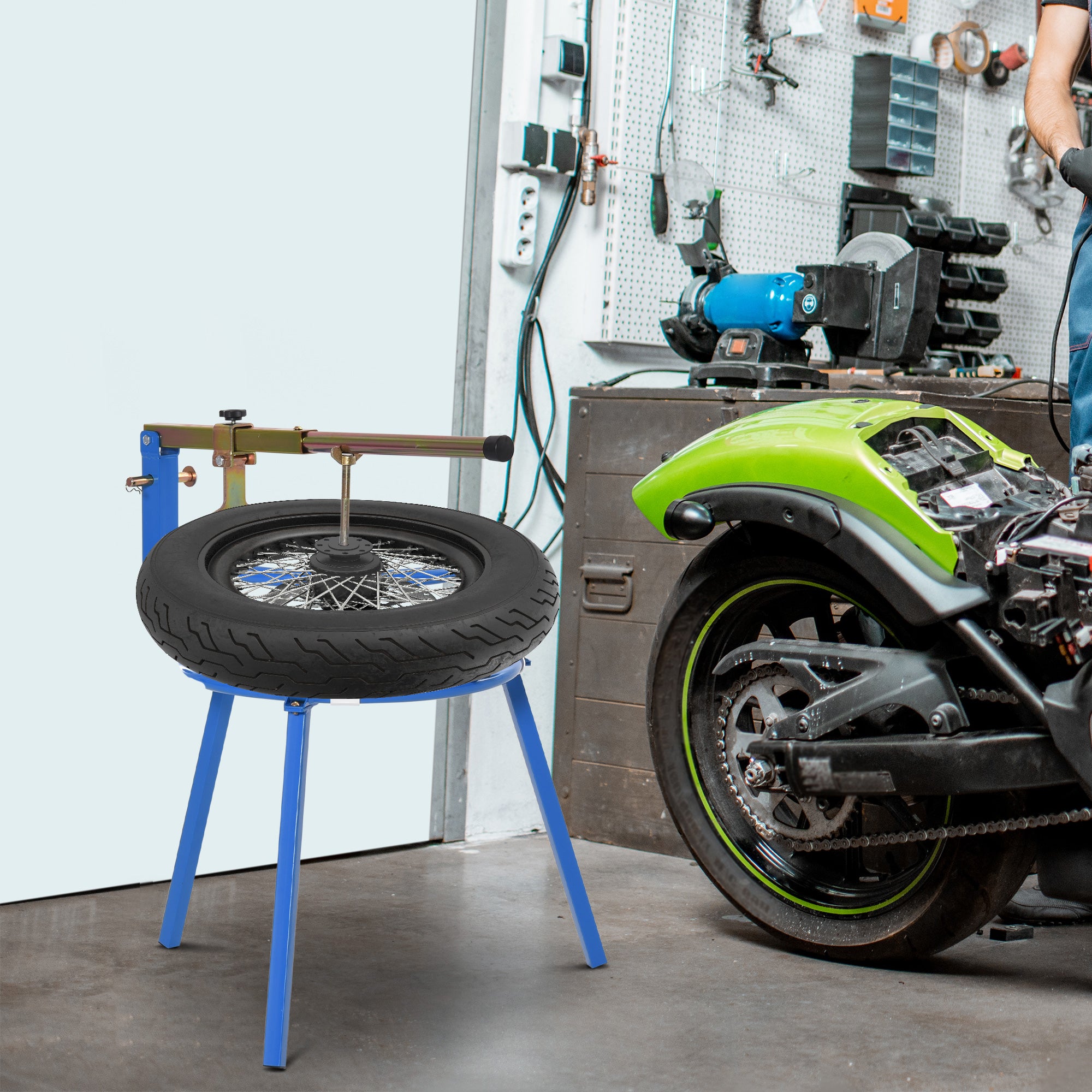 Motorcycle Tire Changing Stand Durable Steel Machine with Adjustable Bead Popper and Leverage Handle for 16" - 24" Multi Size