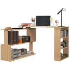 L Shaped Corner Desk, 360 Degree Rotating Home Office Desk with Storage Shelves, Writing Table Workstation, Maple