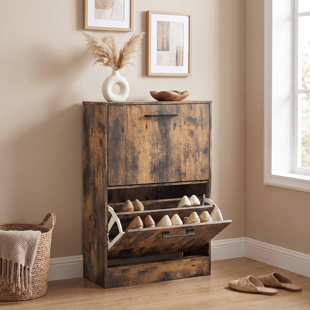Shoe Cabinet 2 Flip Drawers Narrow Shoe Storage Unit Adjustable Dividers Entryway Hallway Rustic Brown