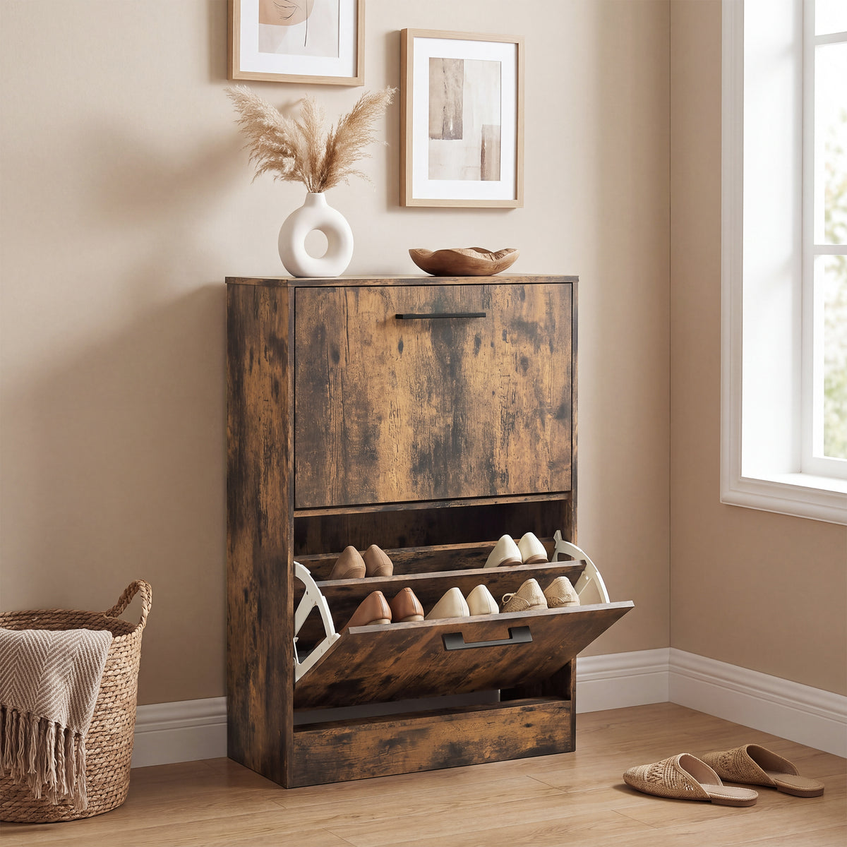 Shoe Cabinet 2 Flip Drawers Narrow Shoe Storage Unit Adjustable Dividers Entryway Hallway Rustic Brown