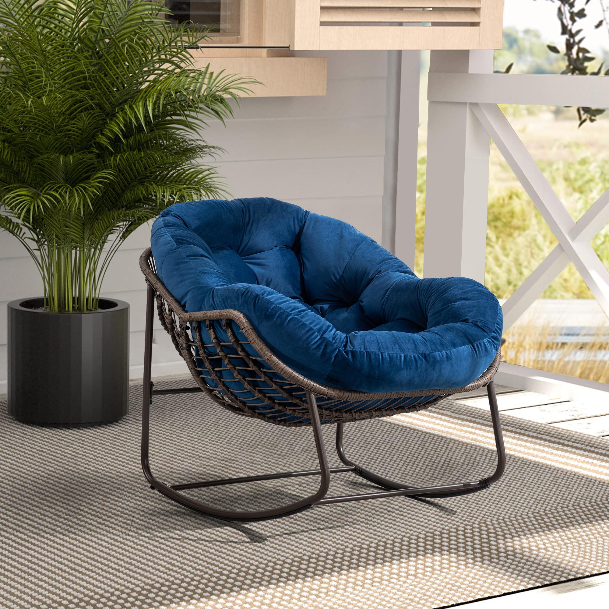 Outdoor Rattan Rocking Chair with Padded Cushion, Oversized Recliner for Porch, Patio, Garden, Steel Frame, 44" L x 37" W x 31.5" H, Navy Blue