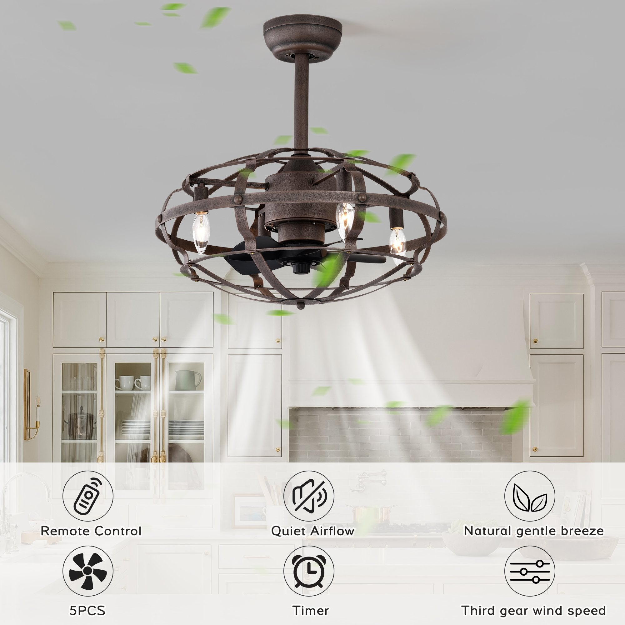 Modern Enclosed Ceiling Fan with Remote Control, Bladeless Design, 3 Speeds, Reversible Direction, and Timer, Includes 2 Down Rods and Lamp Shade, Matte Black