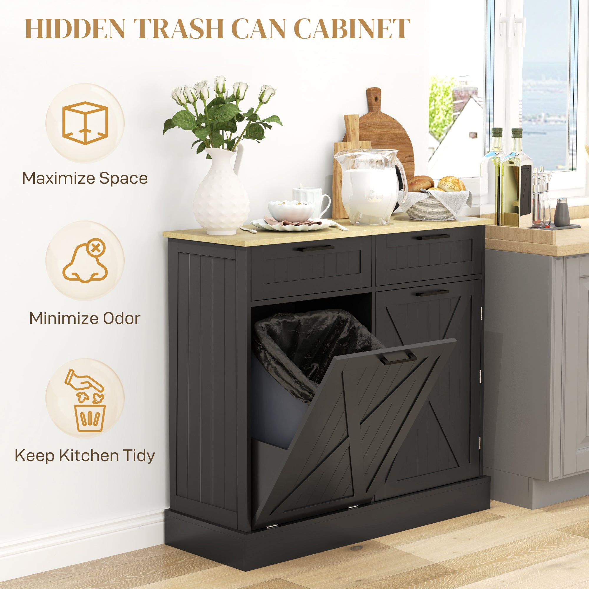10 Gallon Farmhouse Kitchen Cabinet with Hidden Trash Can and 2 Drawers, Tilt Out Trash Can Cabinet for Kitchen, Black