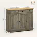 Kitchen Storage Cabinet, Sideboard Floor Cupboard with Solid Wood Top, Adjustable Shelf, and 3 Drawers, Distressed Gray
