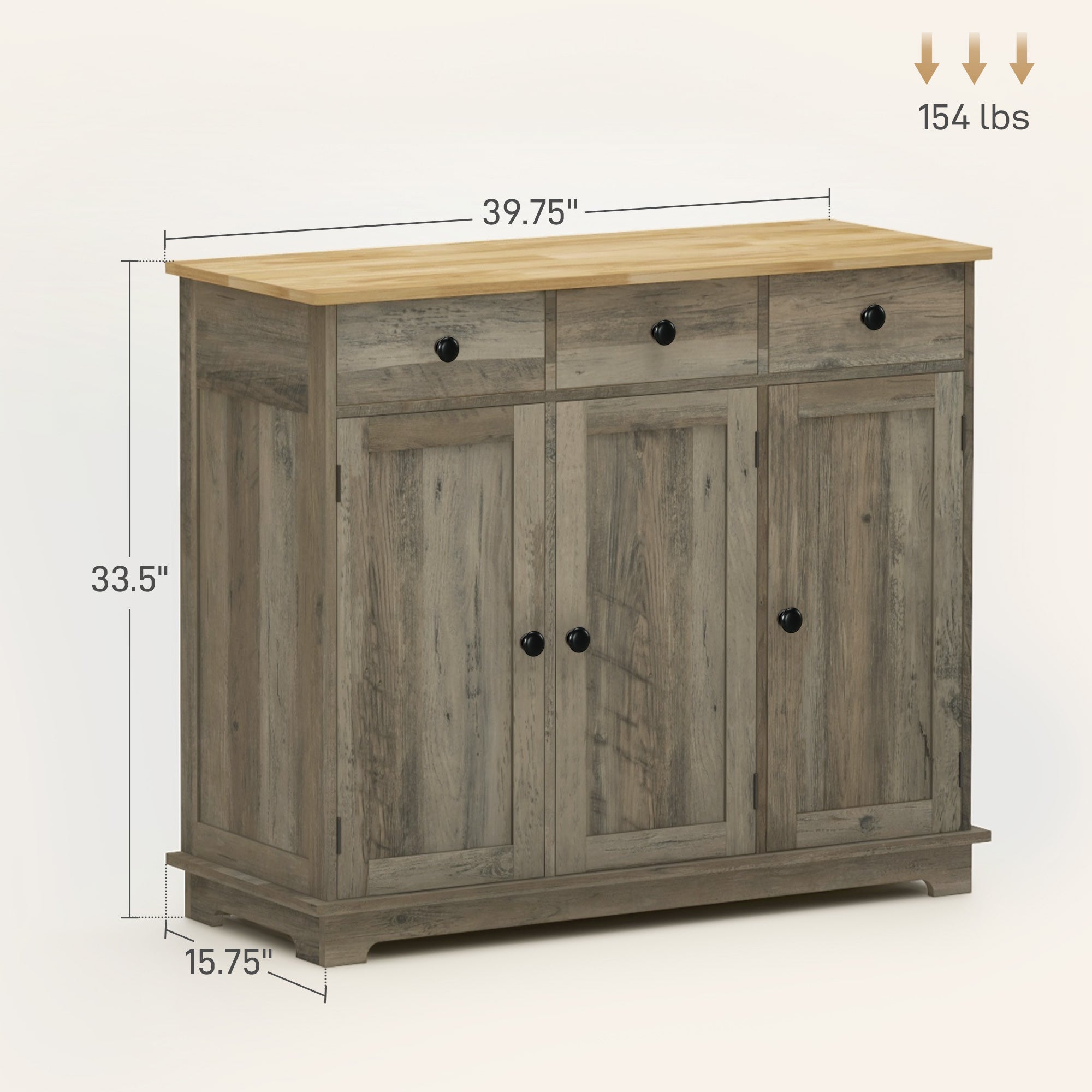 Kitchen Storage Cabinet, Sideboard Floor Cupboard with Solid Wood Top, Adjustable Shelf, and 3 Drawers, Distressed Gray